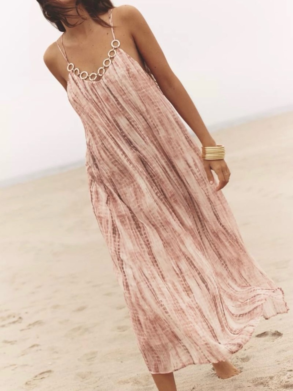 Zara Pleated Chiffon Halter Slip Maxi Dress Dusty Pink Boho M